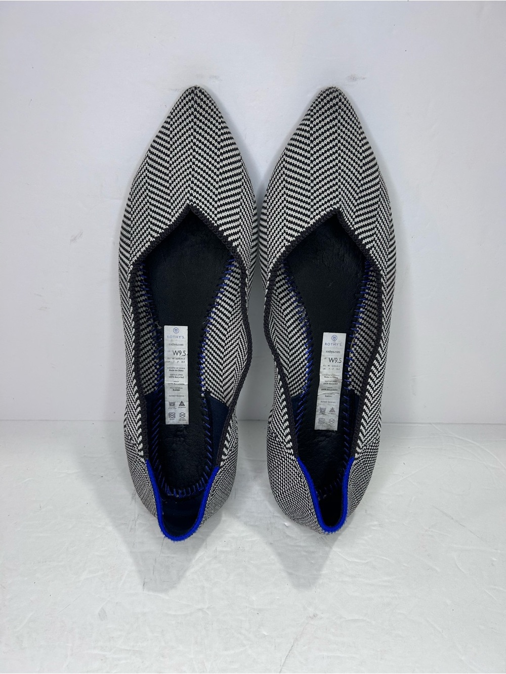 Rothy's Black White Herringbone Pointed Toe Knit Flats Blue Trim 9.5 No Insoles